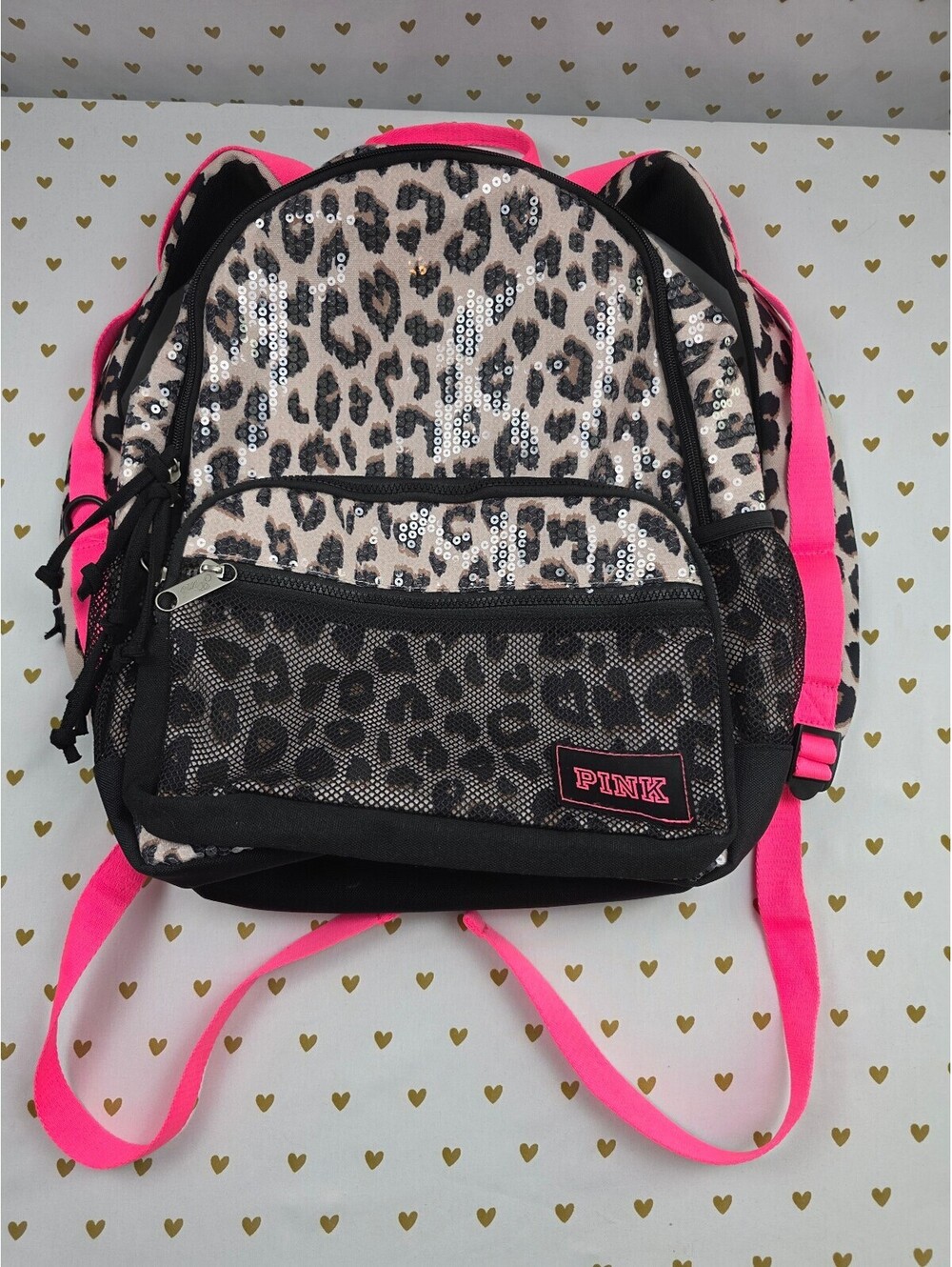 Victoria’s Secret PINK Leopard Sequin BLING Backpack Hot Pink Y2K